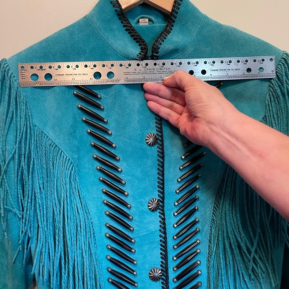 Vintage Suede Fringe Western Style Jacket, Turquoise with Beading Boho - Picture 4 of 11